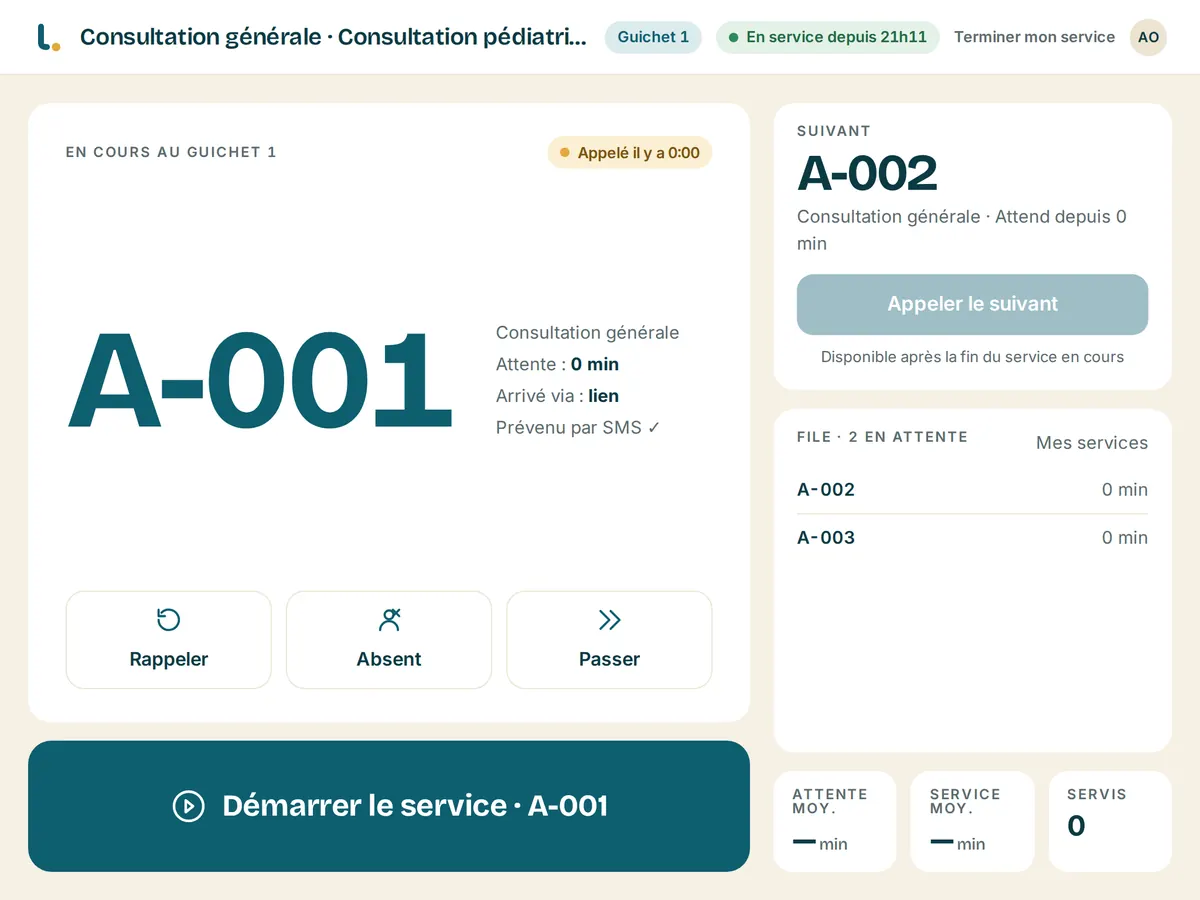 Écran agent avec le ticket en cours et le suivant