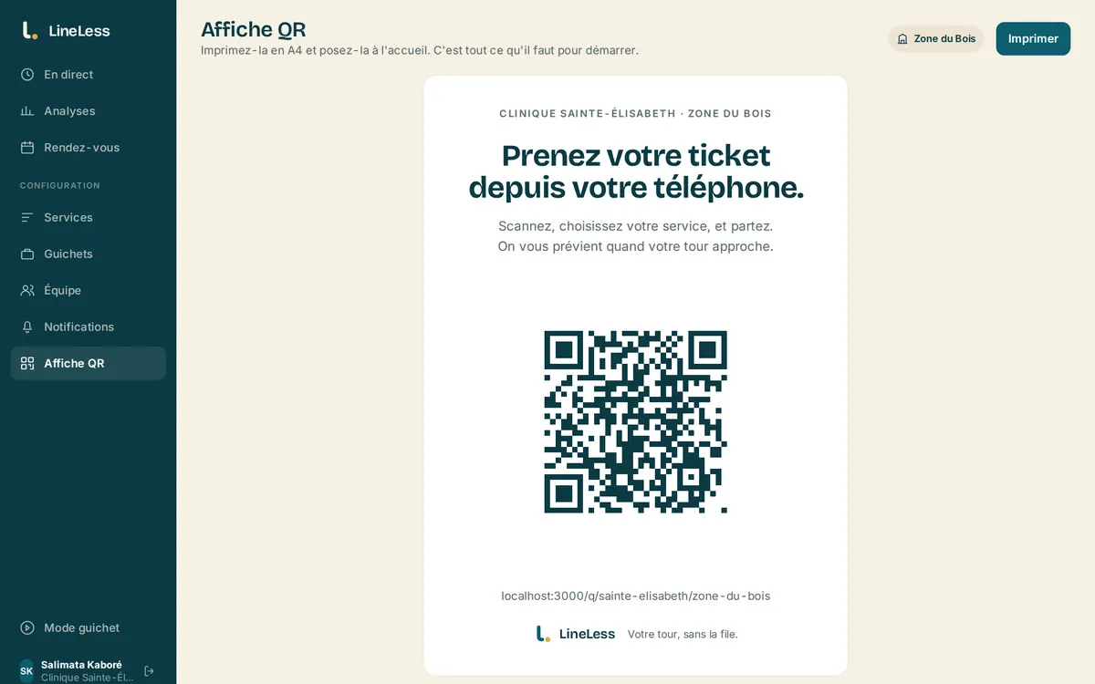 Écran Affiche QR : l'affiche A4 générée par le produit, prête à imprimer